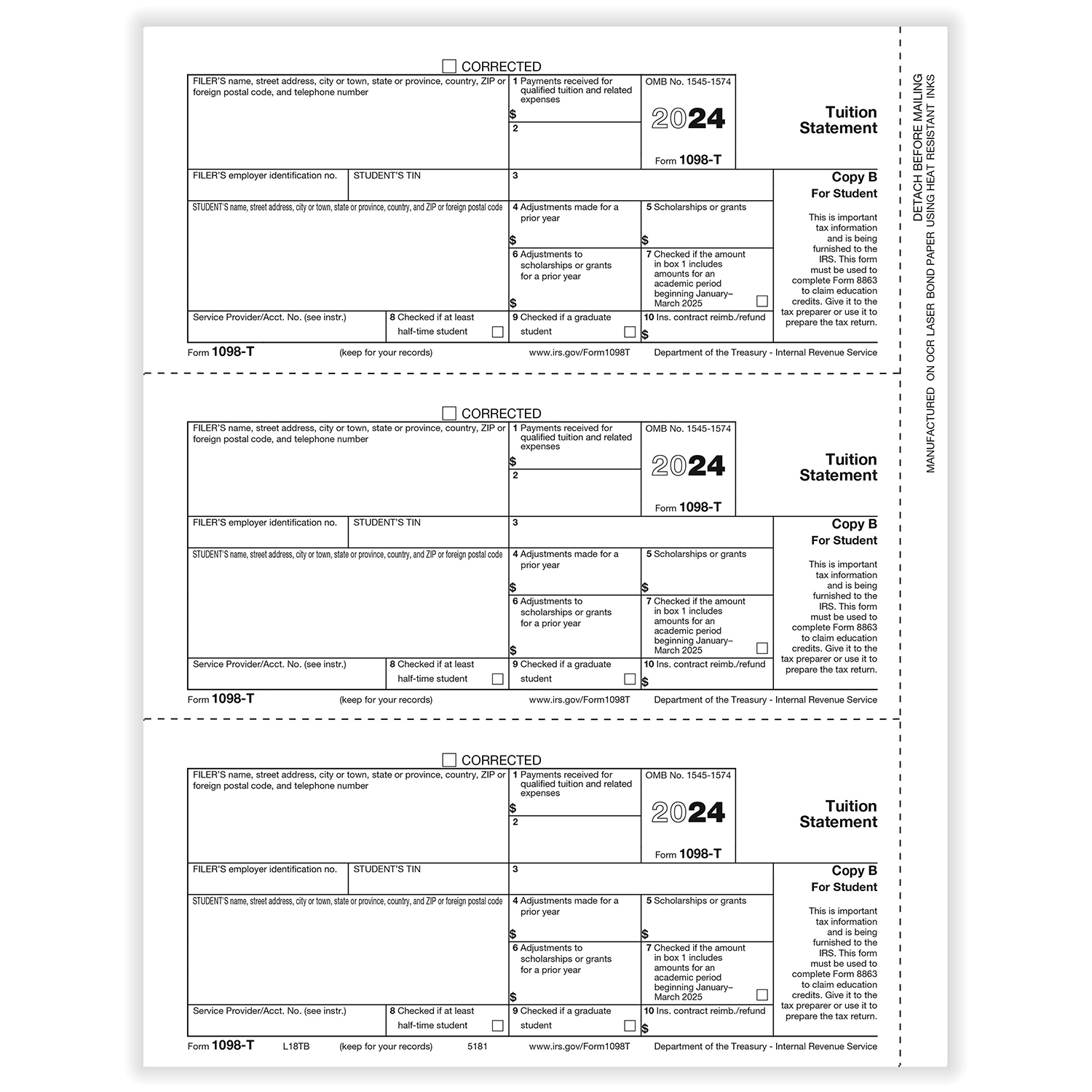 L18TB| 1098-T, Student Copy B - 150 recipients | harrisforms ...